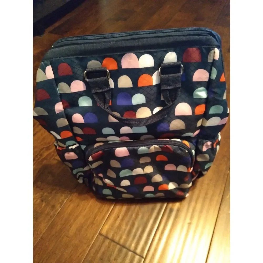 Stylish Navy Multi-Color Geometric Pattern Backpack with Multiple Pockets